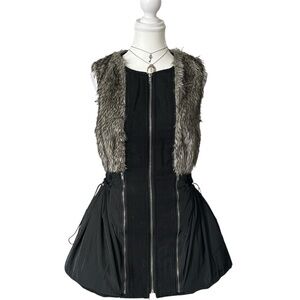 Y2K “Double Zero” Black Faux Fur Layered Sleeveless Parachute Style Mini Dress